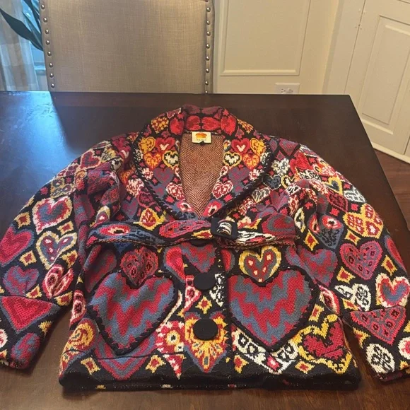FARM Rio Multicolor Heart Motif Shawl Collar Cardigan - Red Blue Yellow - Picture 1 of 6